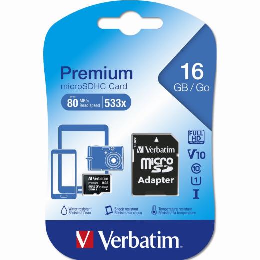 16GB Verbatim Premium MicroSDHC 80MB/s +Adapter