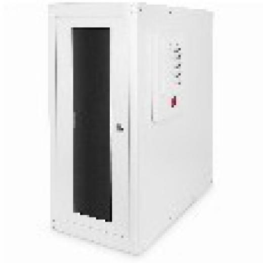 PC Schrank für Computergehäuse Glastür Digitus, inkl. Lüfter und Castorgruppe, Farbe Grau RAL 7035