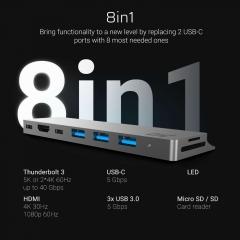 Green Cell Dockingstation Macbook Air/Pro 2016-2020 USB-C 3xUSB3.0 HDMI 4K Thunderbolt 3 5K SD Micro SD 8 Ports Silver